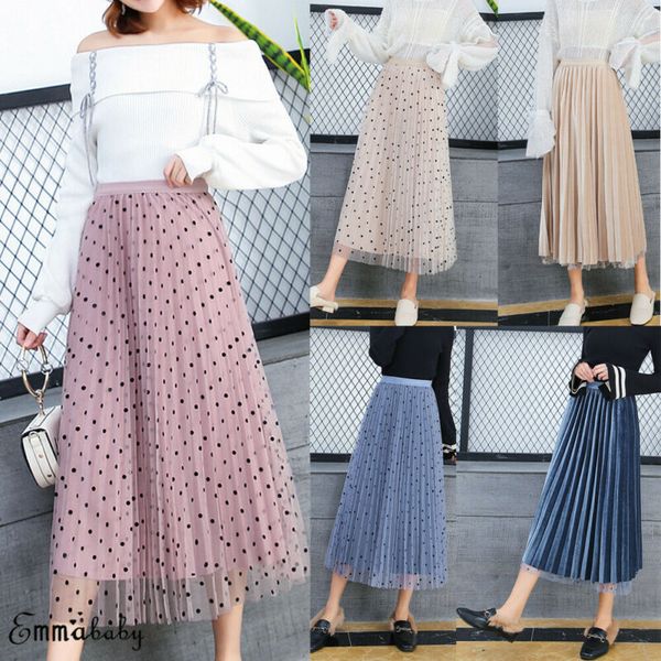 Polka Dot Pleated Maxi Skirt 2019 Autumn New Womens High Waist Long Skirts Preppy Korean Style Female Mesh Velvet Two-way Skirts
