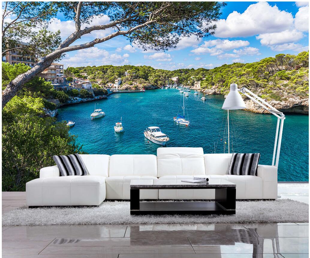 WDBH 3d wallpaper custom photo Beautiful scenery of seaside island yacht living room home decor 3d wall muals wall paper for walls 3 d