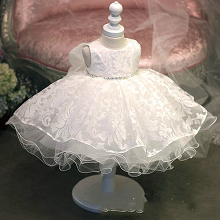 2019 Vintage Flower Girls&#039; Dresses Ivory Baby Infant Toddler Baptism Clothes with Big Bow Long Lace Tutu Ball Gowns Birthday Party Dress