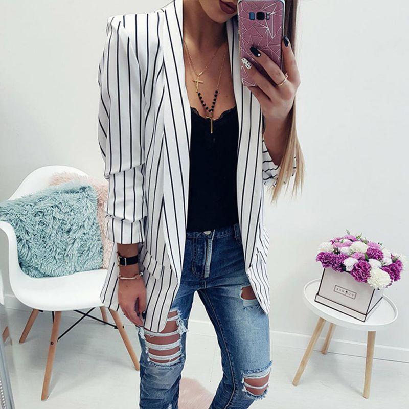Formal Blazers Striped Office Jacket Spring Slim Fit Women Formal Jackets Office Work Open Front Notched Ladies Blazer Coat