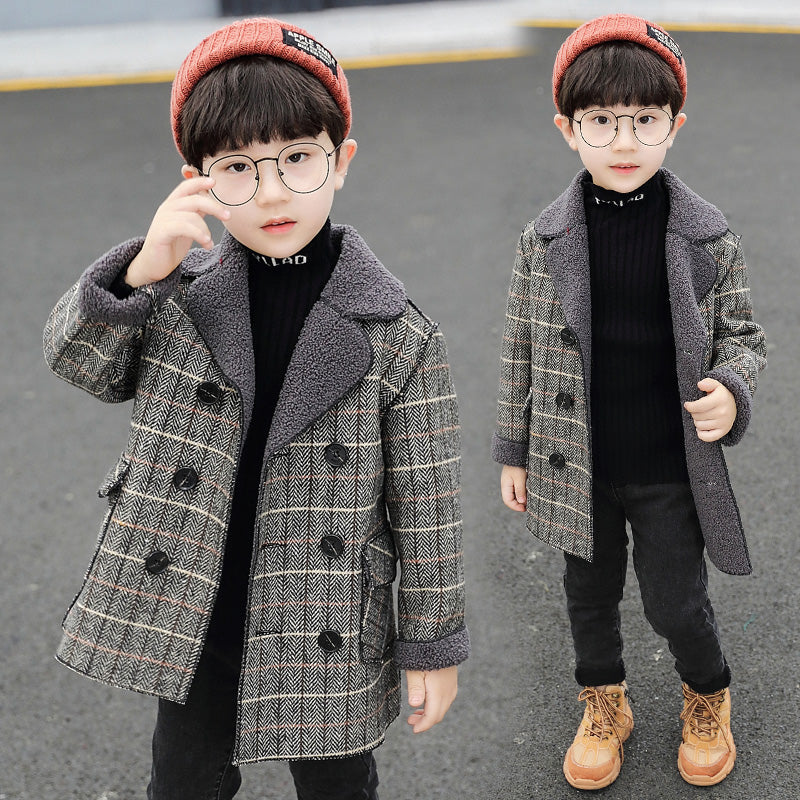Boys autumn and winter coat Korean version new children&#039;s foreign gas plus velvet thick lattice outerwear