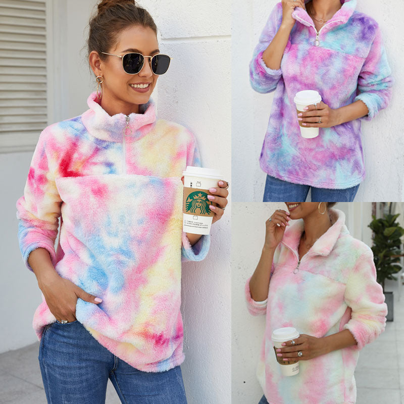 Women Winter Fall Fashion Fleece Hoodie Color Printing Pullovers Sweatshirt V-Neck Zipper Sweaters Long Sleeve Tops