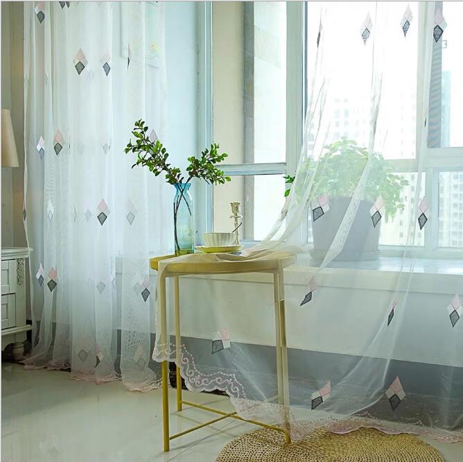 Sheer Curtains Ins Nordic rhombic embroidered window white yarn semi shading curtain balcony bedroom partition