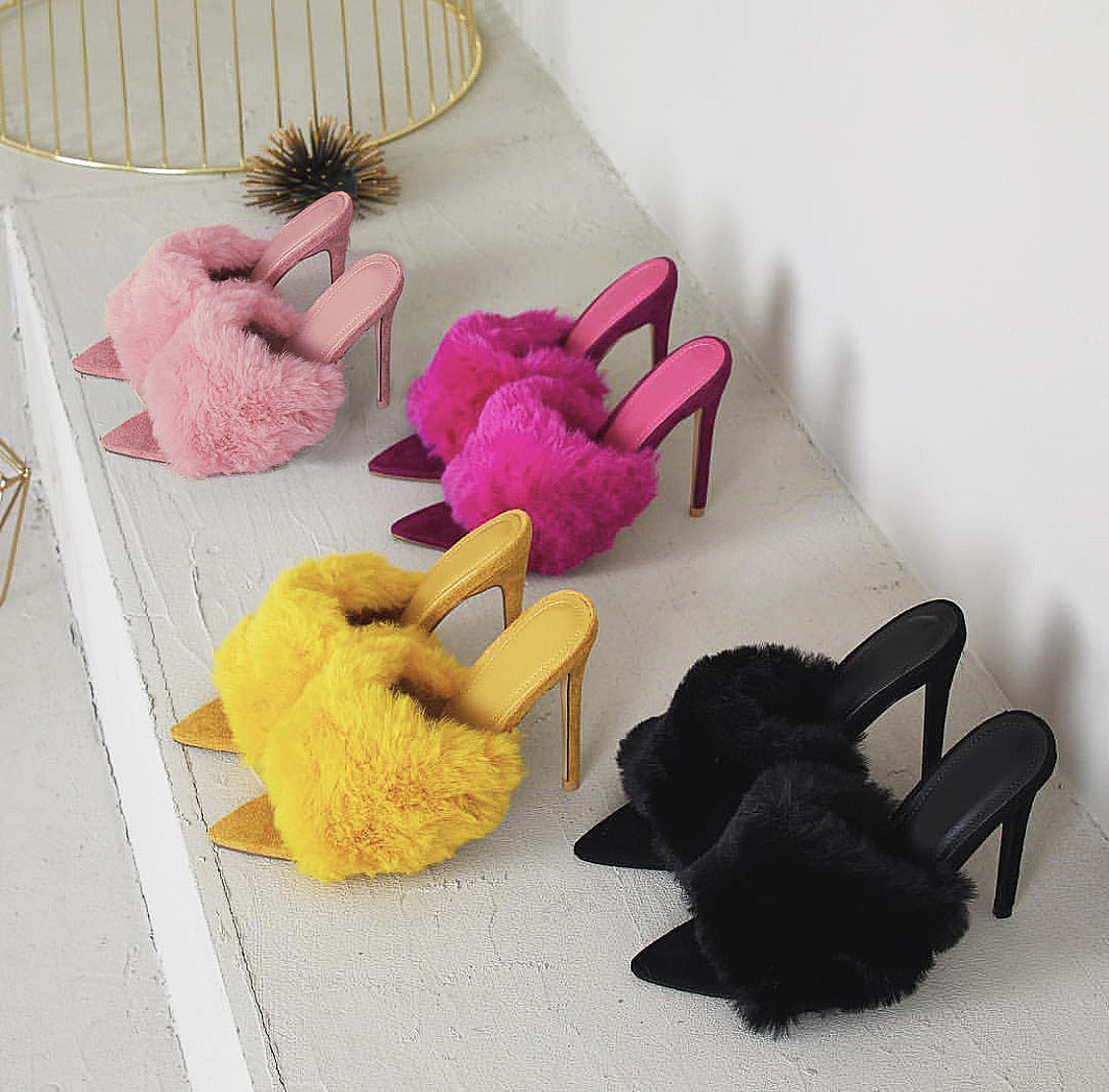 Womens Dress Shoes Ins European station sandals Candy-colored luxury rabbit fur High-heeled Slippers plus size 41-43