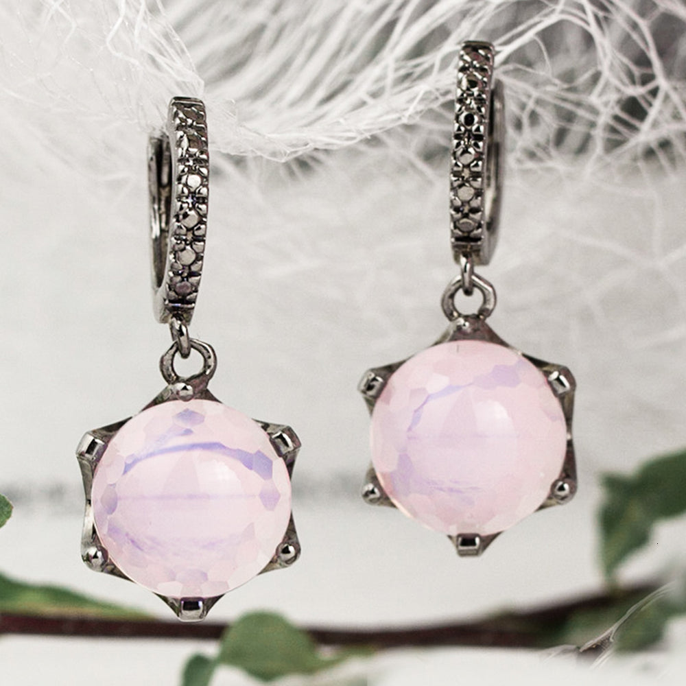 Pink Dangle Earrings Round Stone with Cut pattern Clip circle Jewellery Sweet Jewelry Drop earring Gift for Women