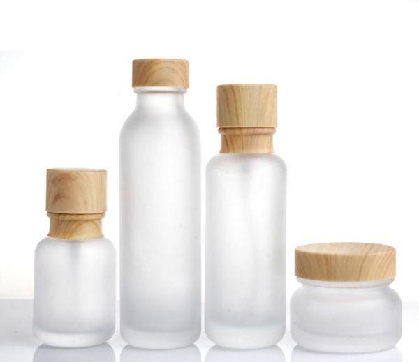 100pcs Frosted Glass Jar Lotion Cream Bottles Round Cosmetic Jars Hand Face Lotion Pump Bottle with wood grain cap SN4022