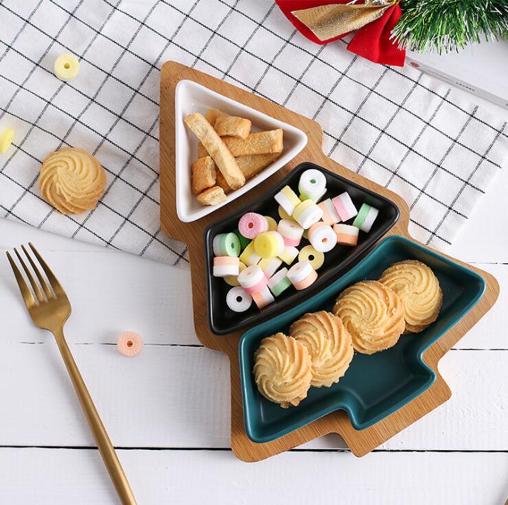 Breakfast tray Christmas tree porcelain with bamboo plates shaped dishes dessert fruit candy plate