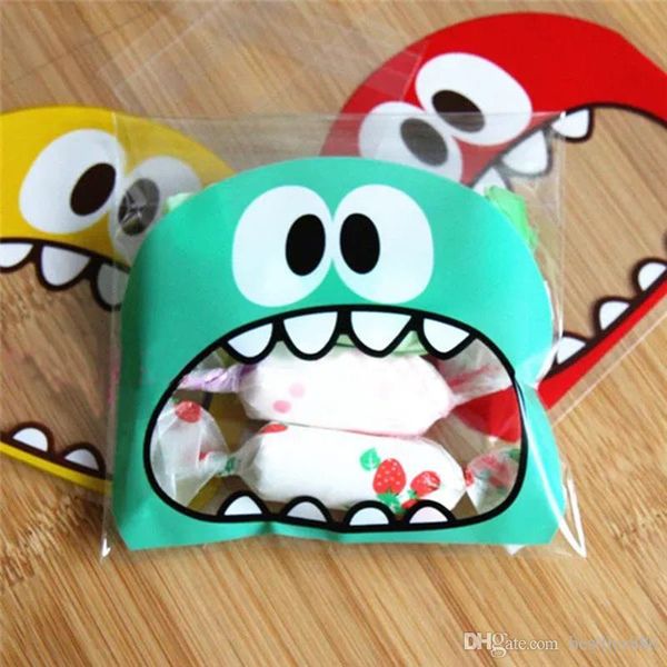 100Pcs Cute Big Teech Mouth Monster Plastic Bag Wedding Birthday Cookie Candy Gift Packaging Bags OPP Self Adhesive Party Favors