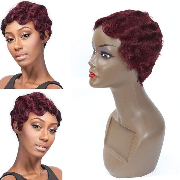 Short Finger Wave Curly Wigs for Black Women Human hair Mommy Wig African American Burgundy Wine Red Color Human Hair Wigs 99j# Short Pixie