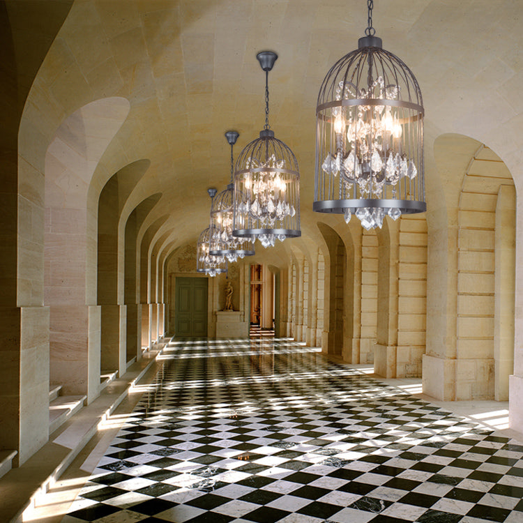 American loft iron retro bird cage Pendant Light crystal hotel lobby light restaurant lamp villa stairs Pendant Lights