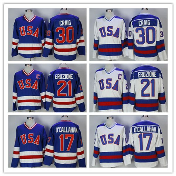 Men&#039;s Vintage 1980 USA Hockey Jersey 30 Jim Craig 21 Mike Eruzione 17 Jack O&#039;Callahan Team USA Miracle On Alternate Jerseys Stitch