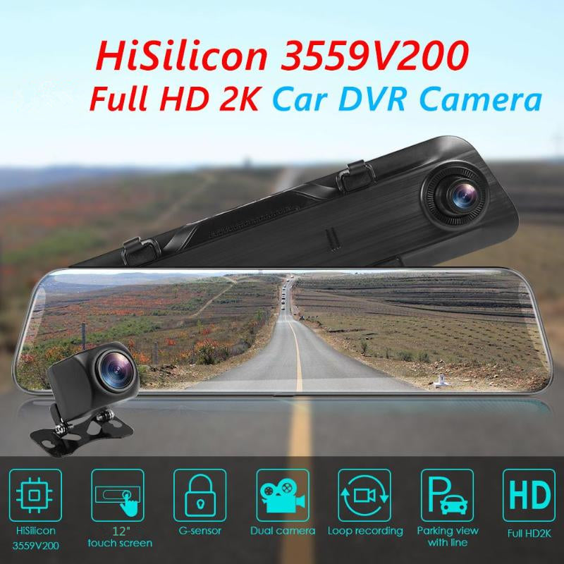 12 inches touch screen stream media car DVR driving video recorder rear view mirror Huawei chip Sony sensor 2K+1080P video 170Â° + 140Â° angle