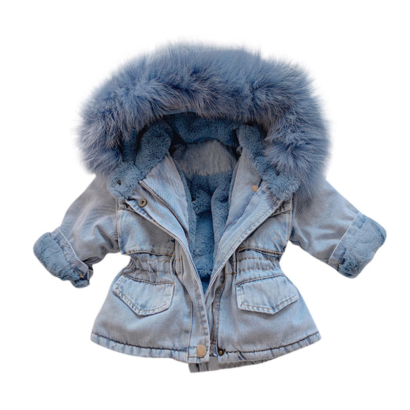 Denim Jacket Thick Winter Baby Girl Plus Velvet Faux Fur Fleece Coat Toddler Girl Outerwear Kids Infant Warm Parka