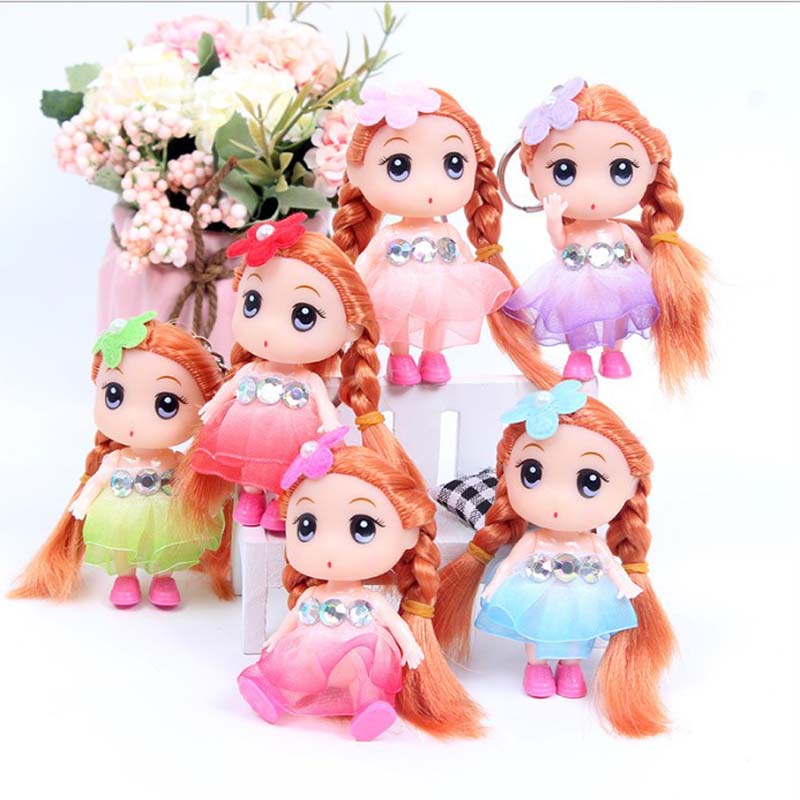 3.5&quot;-9CM Blonde Hair Princess Dolls Keychain Pendant Baby Girls Braids Bowknot Skirt Gifts Toys for Kids Children
