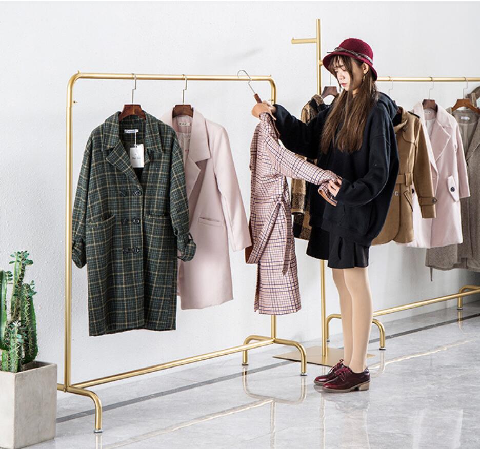 Clothing store clothes rack Gold iron men&#039;s and women&#039;s Bedroom Furniture hanging racks floor type combination cloth shop show shelf