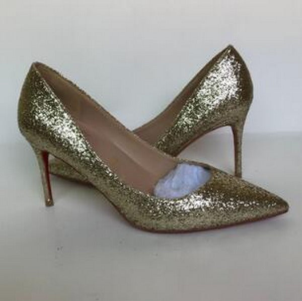Hot Sale- Champagne Light Gold Sequins Red Bottom High Heel Shallow Pointed 12cm High Heeled Glitter Wedding Party Shoe Lady Dress Shoes