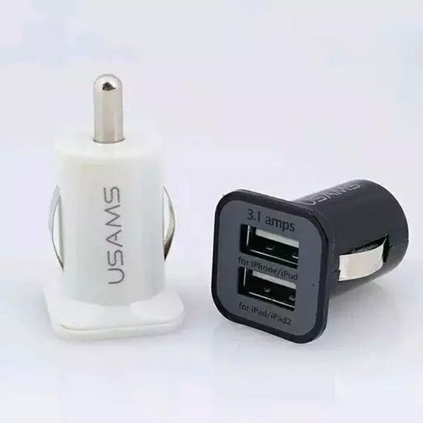 100pcs USAMS 3.1A Dual USB Car 2 Port Charger 5V 3100mah double plug car Chargers Adapter for HTC
