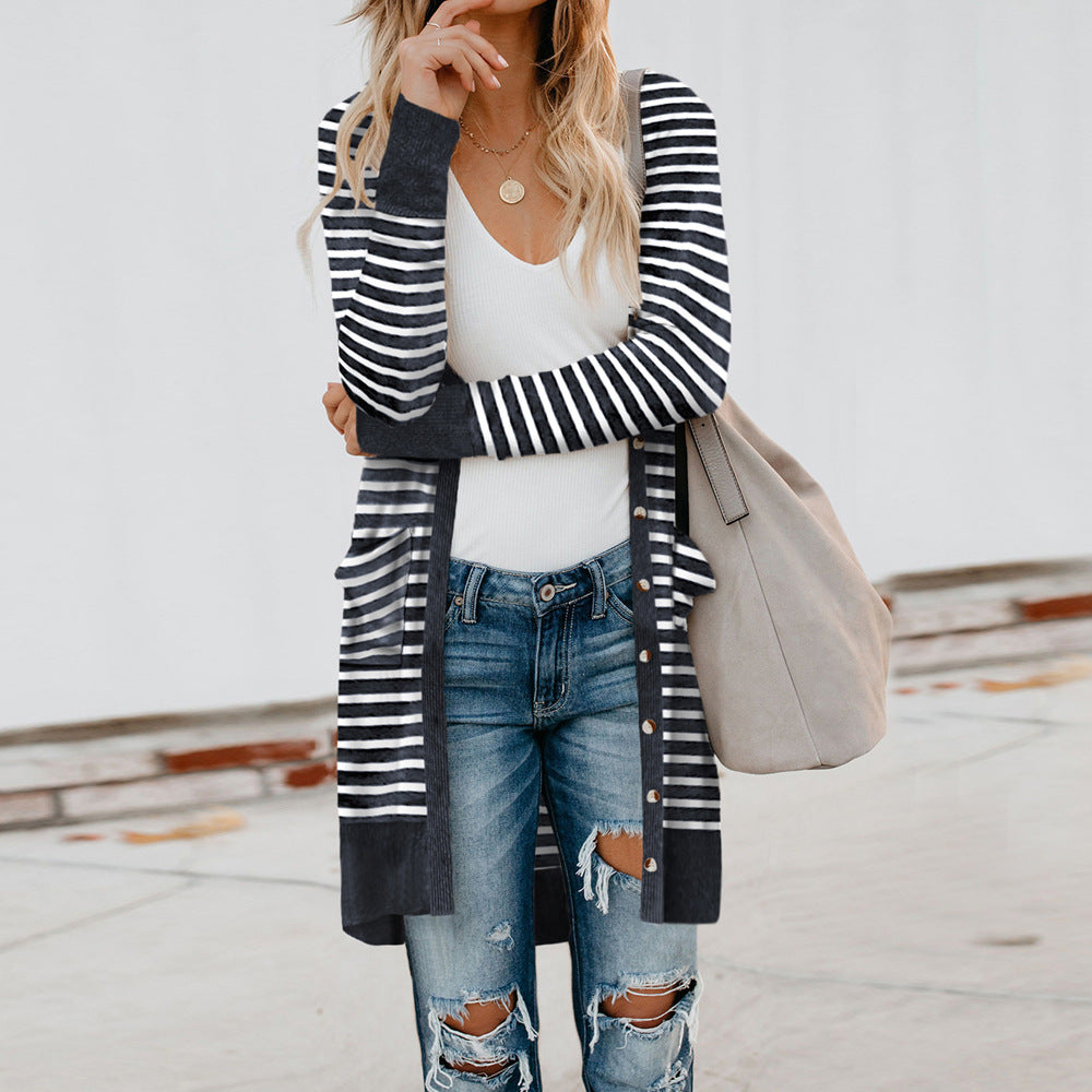 Women Casual Striped Single Breasted Outwear Fashion Office Coat Design Long Trench SY85439