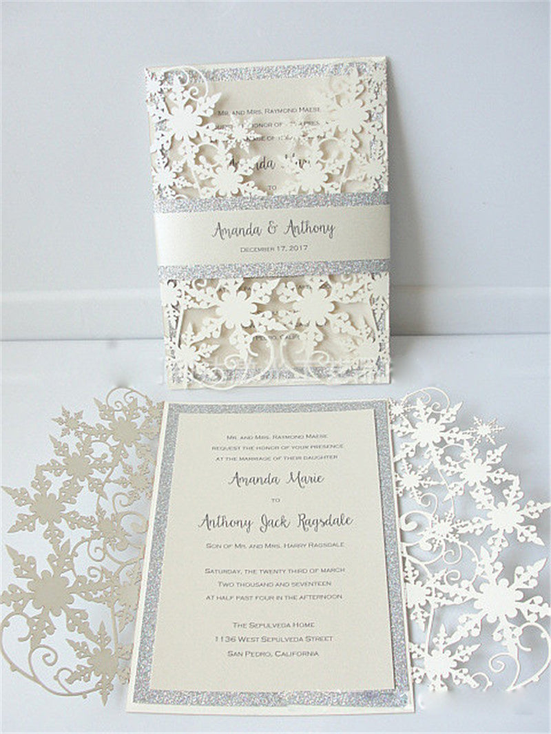Winter Shimmer Snowflake Laser Cut Wedding Invitations with Silver Glitter Belly Band Ivory Engagement Invitation Card as Wedding Favor