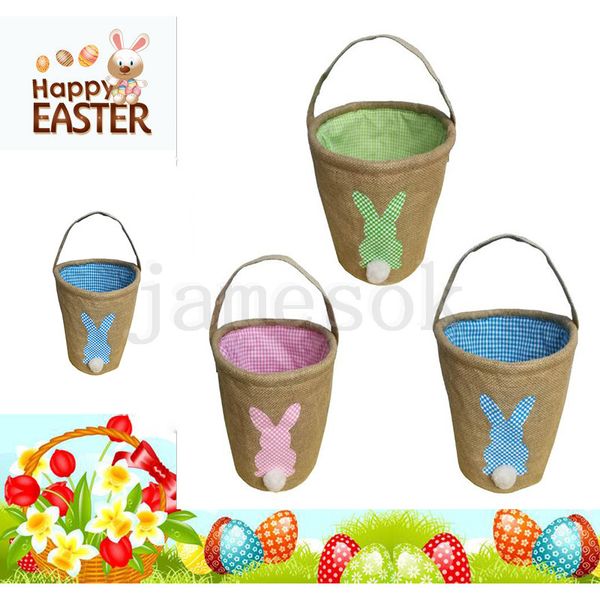 Burlap Easter Basket Jute Rabbit Tail Bucket Candy Gift Bag Flax Egg Storage Bag Basket Bag Party Gift DA223
