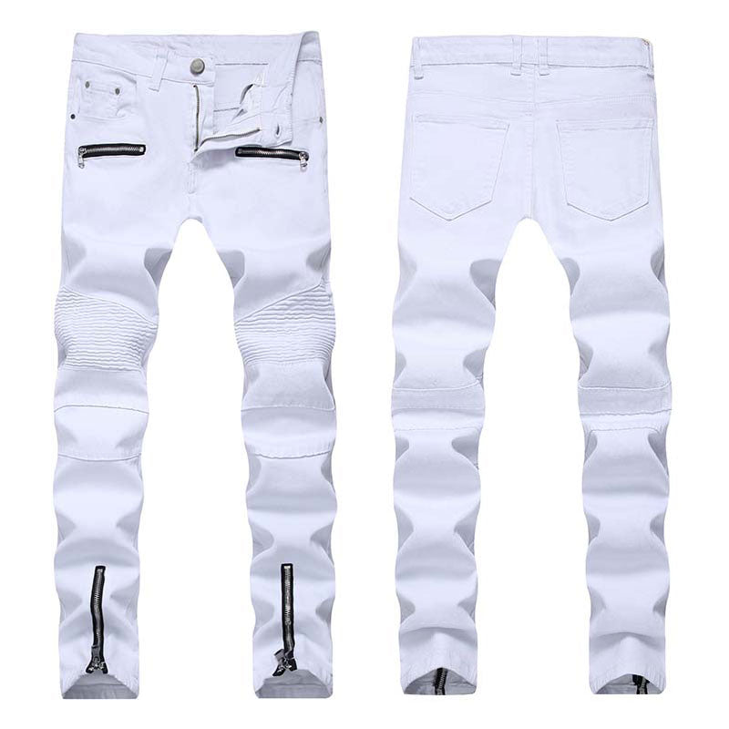 Men jeans Casual Biker Jeans Denim Pants Split Joint Side Zipper Flexure Fashionable Straight