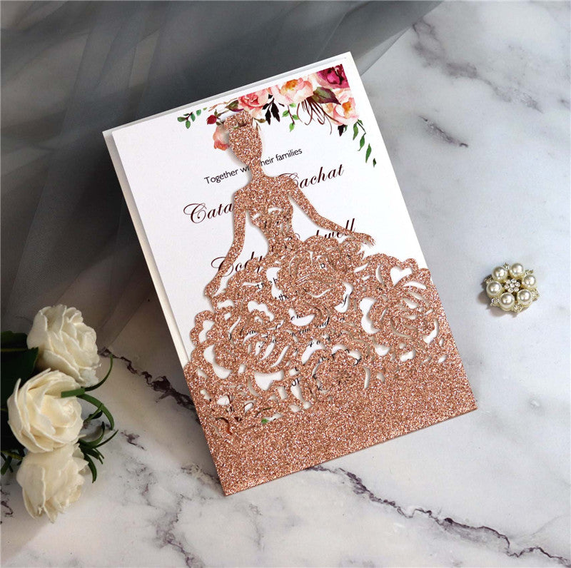 Glitter Laser Cut Crown Princess Invitations Cards For Birthday Quinceanera Rose Girl Wedding Invitations Fashion Hollow out Greeting Card