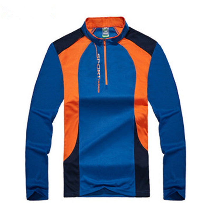 US EU Men sports patchwork Tshirts Youth Blue Green casual long sleeve shirt Elastic slim Quick-drying Tops Mandarin collar zipper Tees