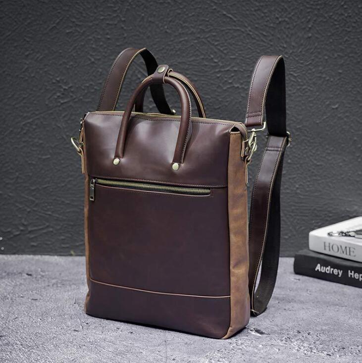 mens handbag multifunctional retro crazy horse leather backpack street trend contrast color men backpacks academic leathers student bag