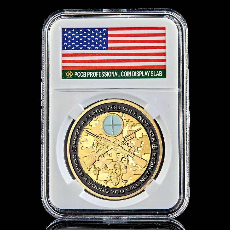 Us Army Military You Can Run But You Will Only Die Tired US Sniper Soldier Gold Plated Challenge Coin W-Pccb Box