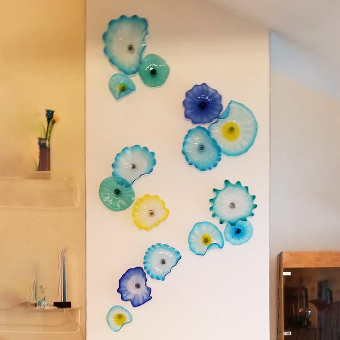 Ocean Murano Flower Plate Arts Lamps Blue Shade Decoration 100% Hand Blown Glass Hanging Plates Wall Art with Scallop Edge