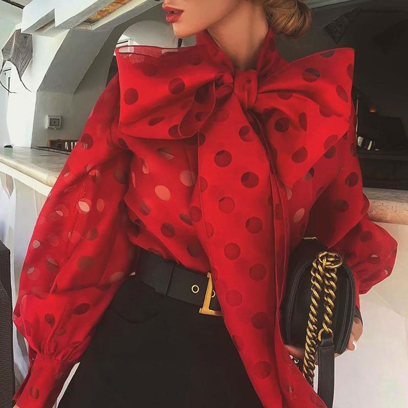 Polka Dot Lantern Sleeve Knotted Blouse Women Chic Elegant Office Lady Street Wear Spring Fall Fashion Trends Top Shirt Female
