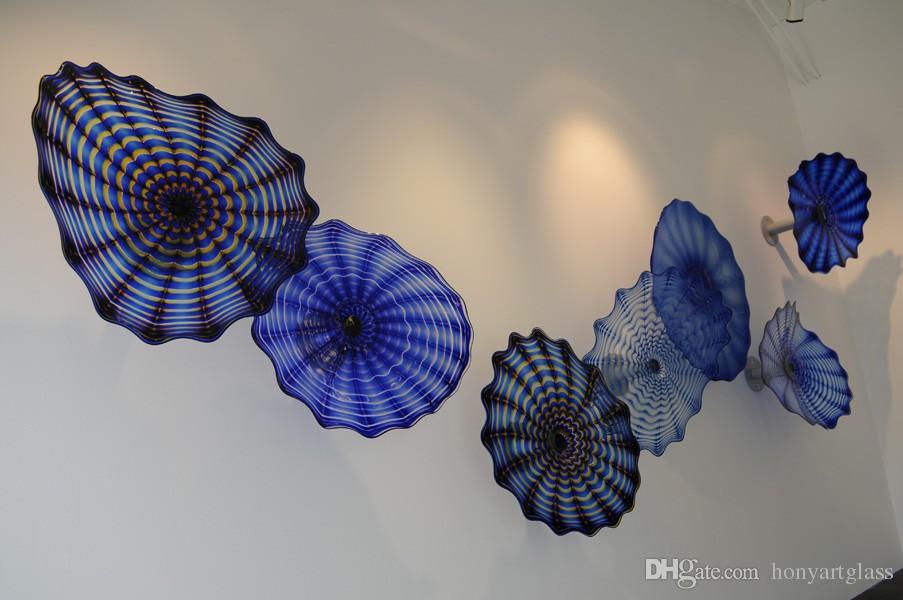 Dark Blue Wall Decoration Flower Art Europe Style Mouth Blown Murano Glass Plates for Fireplace Stair Wall Decor