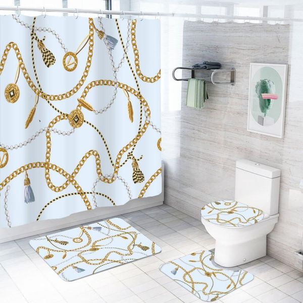 4 Pieces Sets Luxury Shower Curtain Sets with Bath Rug Toilet Lid Cover Floor Mat Waterproof Bath Curtain Baroque Vintage Style
