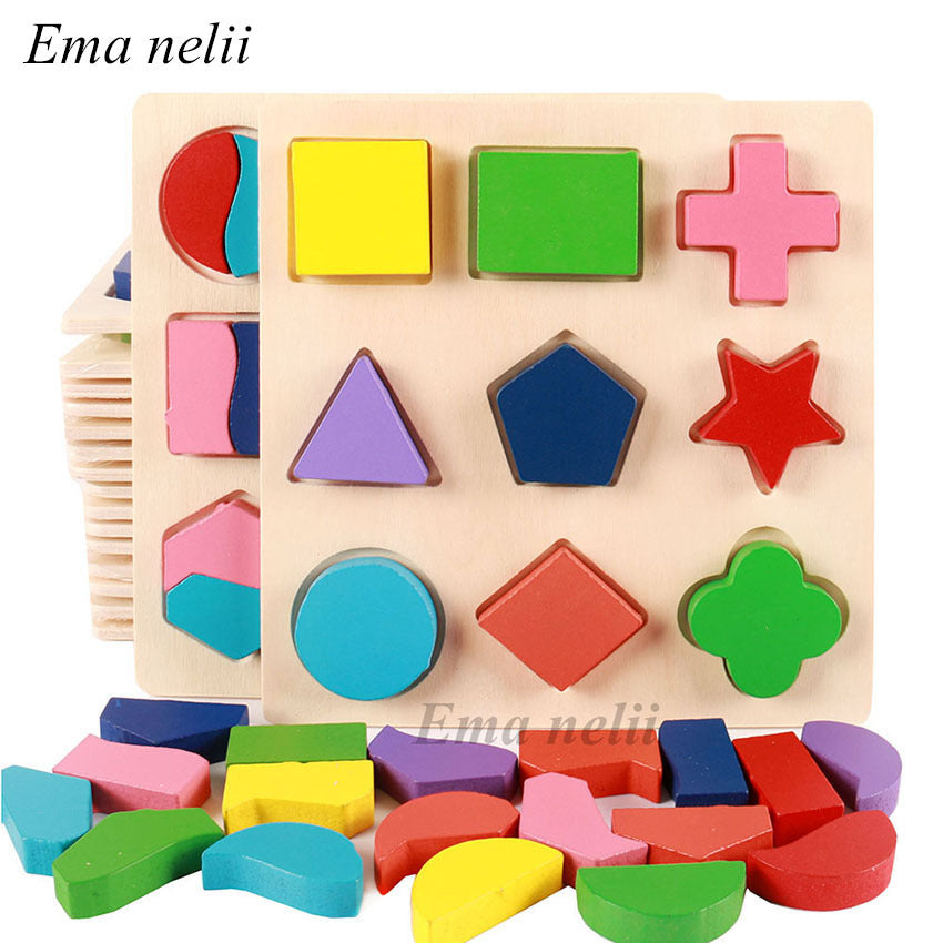 Sale Geometric Shape And Color Matching Wooden 3D Puzzles Baby Montessori Early Educational Learning Toys 3 Pcs-set