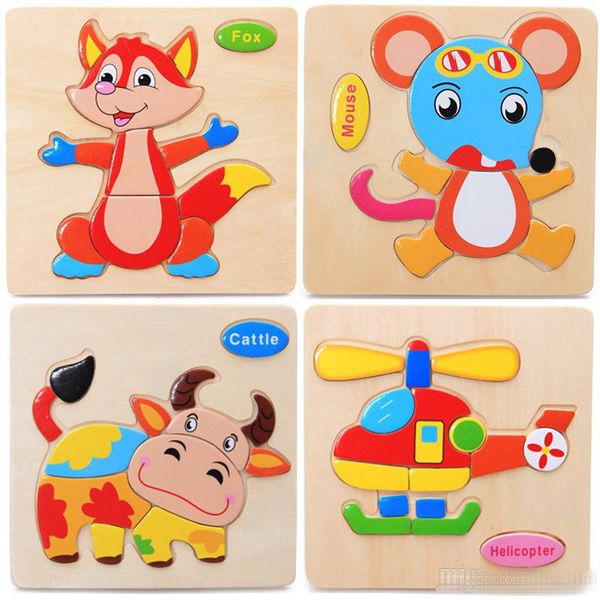 Baby 3D Puzzles Jigsaw Wooden Toys For Children Cartoon Animal Traffic Puzzles Intelligence Kids Early Educational Training Toys DHL Free