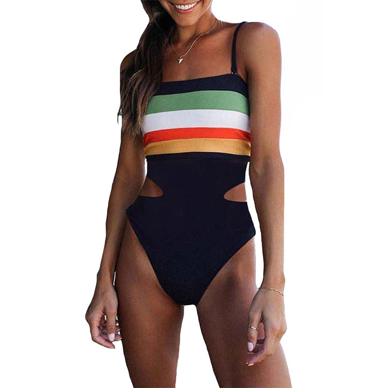 2020 Spring and Summer Burst Models Hit The Color Striped Suspenders Piece Swimsuit Beach Swimwear Female-2