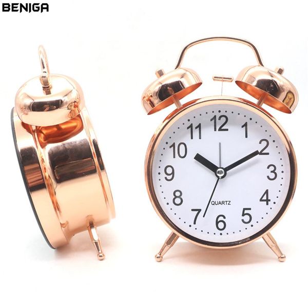4 inch Rose Gold Alarm Desk Clock with Night Light Battery Operated Student Desktop Home Office Needle Mute Silently Table Clock