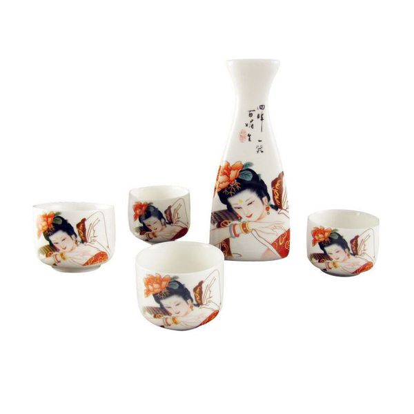 Japanese Sake Set Porcelain Wine Drinkware Bottle & Cup Gifts Traditional Chinese Paintings of Beautiful Women Imperial Concubine Design