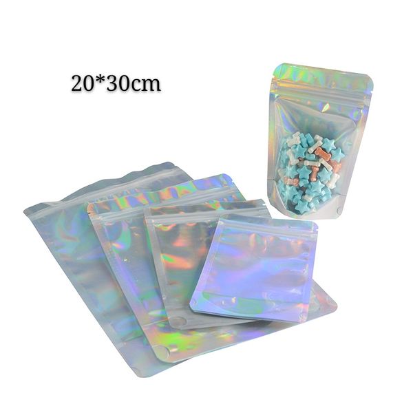20*30cm 100pcs Transparent +Hologram Stand Up Packing Bags Food Mylar Foil Packaging Cookies and Chocolate Package Bag Coffee Storage