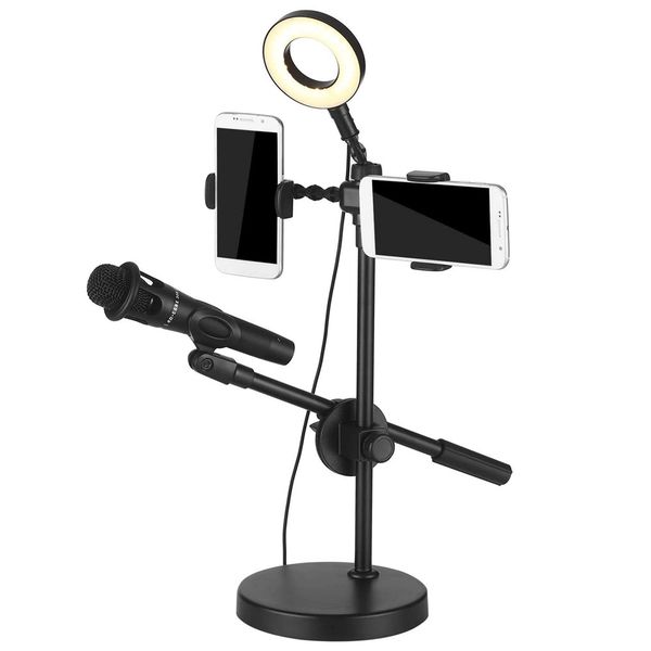 4 in 1 Live Broadcast Desktop LED Selfie Light Mobile Phone Holder with Microphone Holder Photography Lights for TikTok Live Stream Makeup
