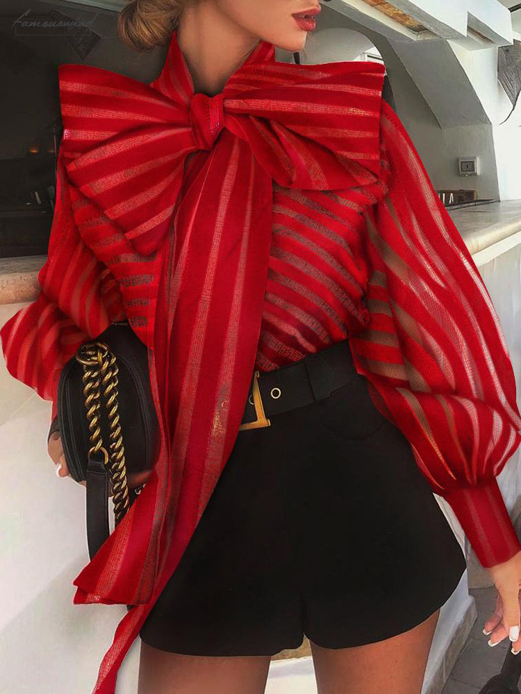 Office Lady Stripe Shirt Womens Tops And Blouses Elegant Long Sleeve Bowknot Ol Party Club Blusa Feminina Petal Streetwear