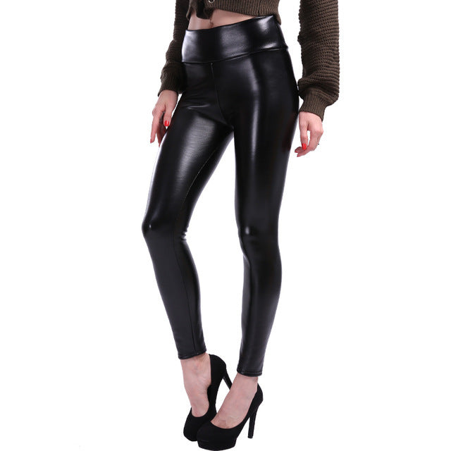 Women Black Leggings PU Leather Workout Hip Pleated Pants