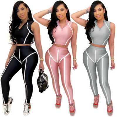 Women Slim Suit Womens Sports Suits Active Sets Girls Yoga Stitching Stripe Suits Brand Sleeveless Tops+pants Casual Two-pieces Hot Sale