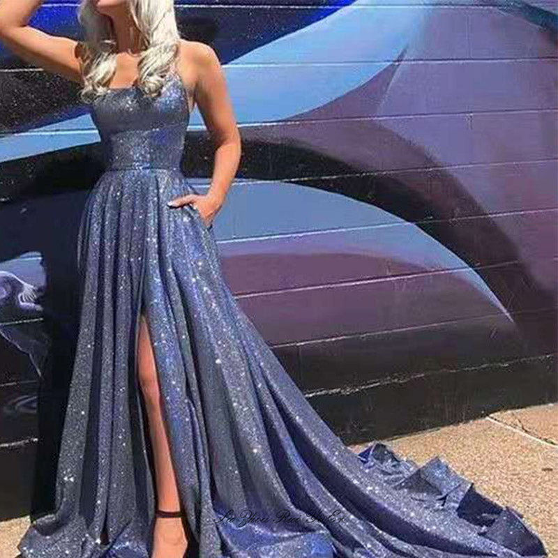 Glittery Prom Dresses Side Slit Long Party Spaghetti Strap Homecoming Dress Court Train A-line Evening Gown Vestido De Festa