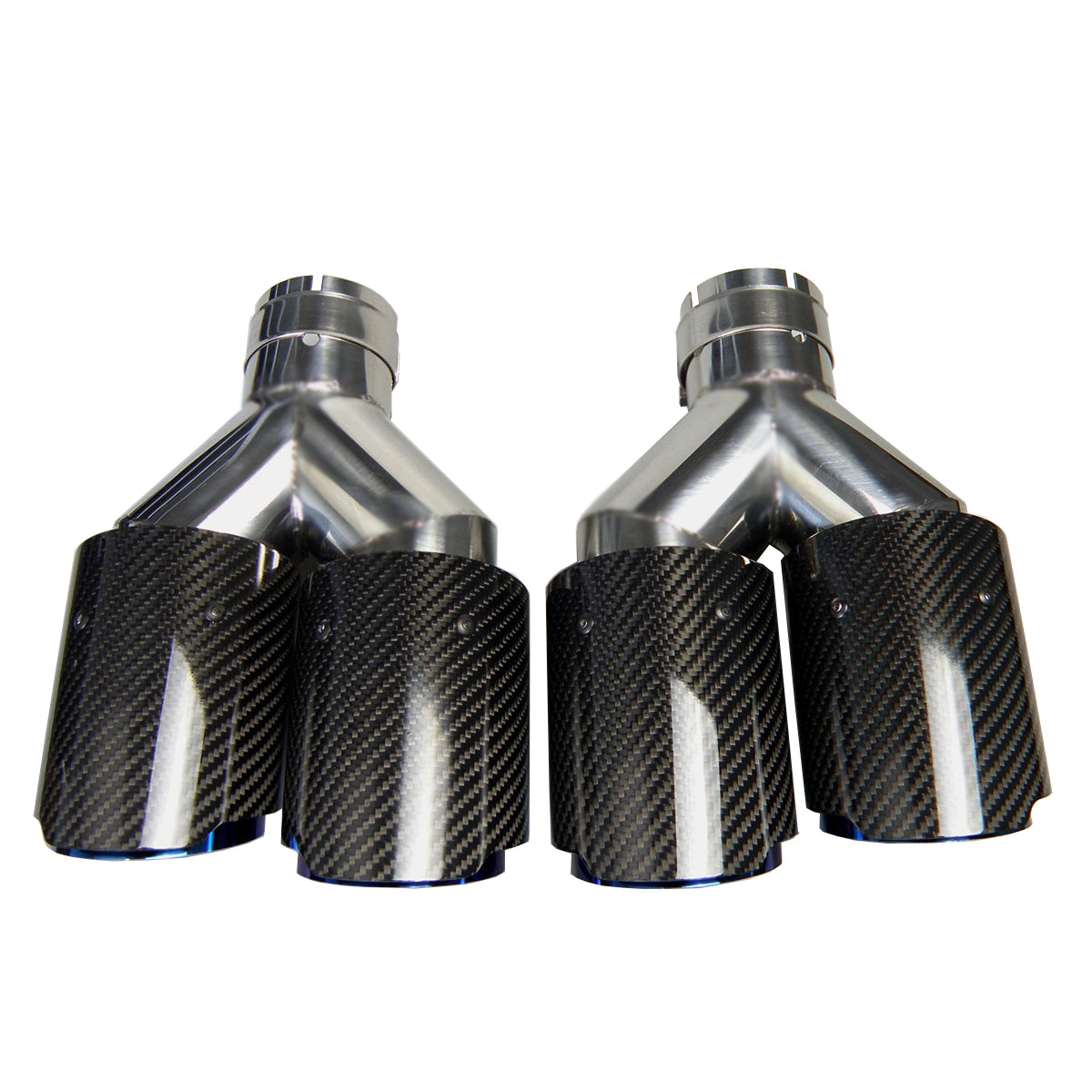 Dual Carbon Fiber + Stainless Steel Burnt Blue Universal Auto Akrapovic Type Exhaust Tip Double End Pipe for BMW BENZ VW Golf No Logo