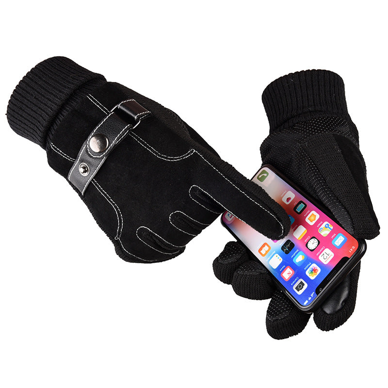 Men Favorite Black and Brown Warm Pigskin Finger Gloves Work Bike Drving Glove for Gift
