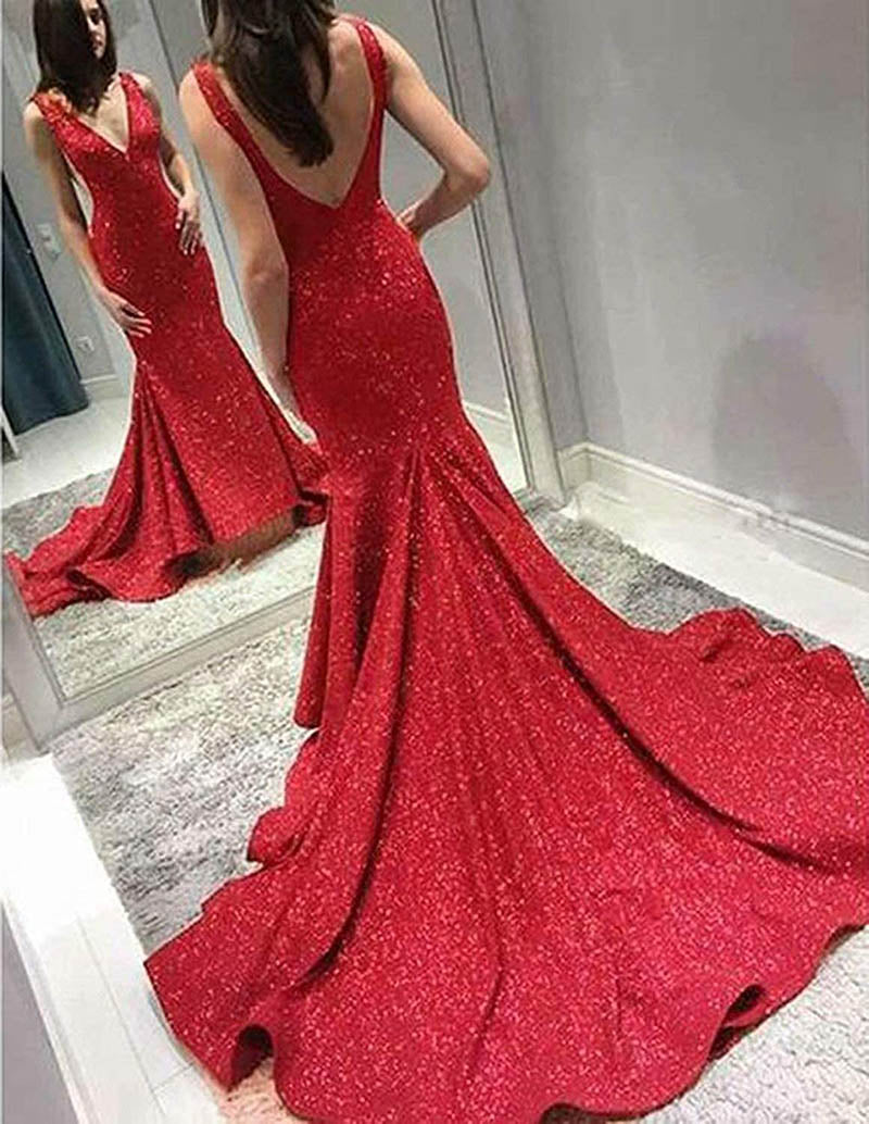 Sparkly Mermaid Glitter Prom Evening Gowns Deep V Neck Formal Dress Cutaway Sides Backless Pageant vestidos fiesta de noche