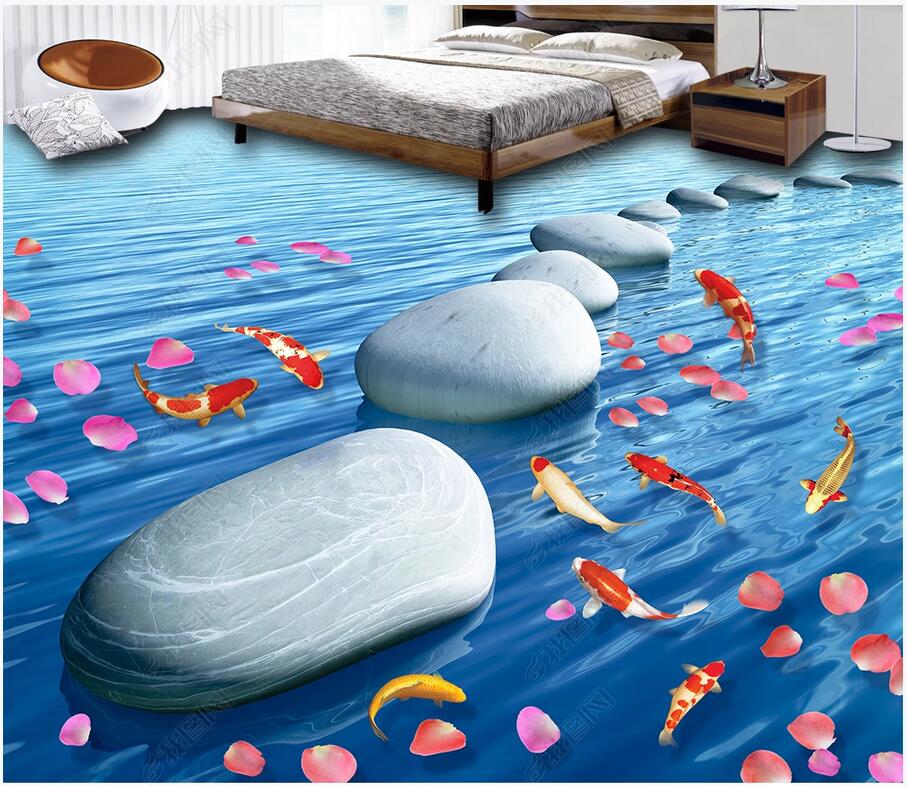 3d pvc flooring custom photo Running water makes money Stone petal carp 3D floor tile river health floor home decor self adhesive wallpaper