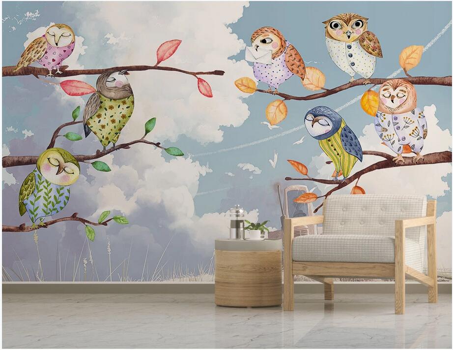 3d wall murals wallpaper custom photo on the wall Nordic creative watercolor sky owl children&#039;s room background wall paper for kids room