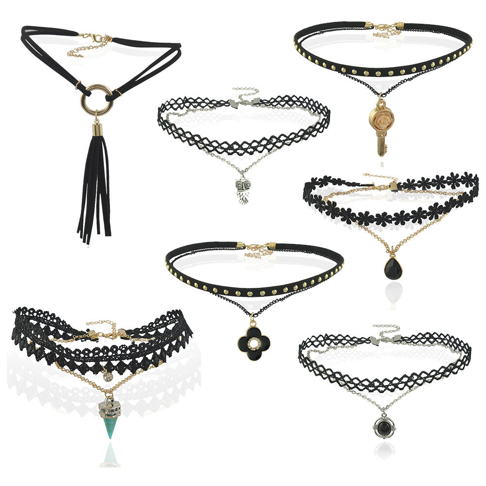 Black double-layer leather choker choker multi-layer pendant hipster necklace collar